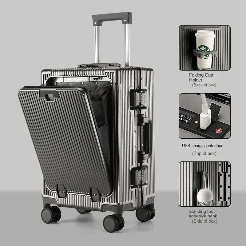 new-suitcase-front-opening-laptop-bag-aluminum-frame-luggage-with-usb-port-password-trolley-case-travel-suitcases-20-28-inchkimlud-womens-fashion-34613300