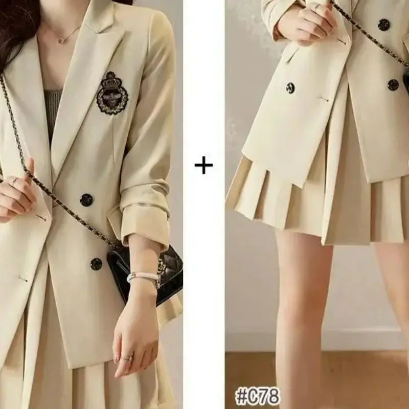 KIMLUD, Korean Preppy Suit Women Fashion Embroidered Badge Double Breasted Jacket+High Waisted Pleated Mini Skirt Elegant Party Set 131F, KIMLUD Womens Clothes