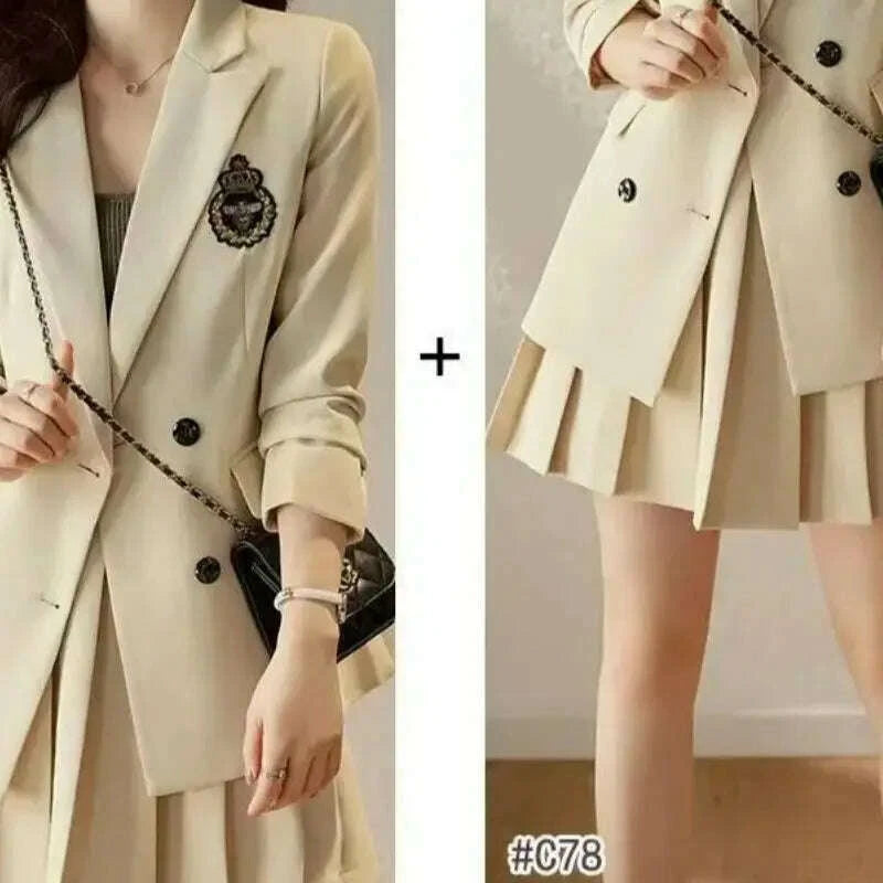 KIMLUD, Korean Preppy Suit Women Fashion Embroidered Badge Double Breasted Jacket+High Waisted Pleated Mini Skirt Elegant Party Set 131F, KIMLUD Womens Clothes