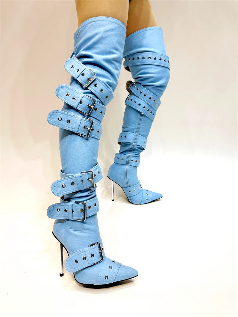 New Women's Denim Metal Rivet Buckle Sandals Women's Sexy Punk Style Pointed Hollow Metal 11cm High Heel Knee High Boots Size43