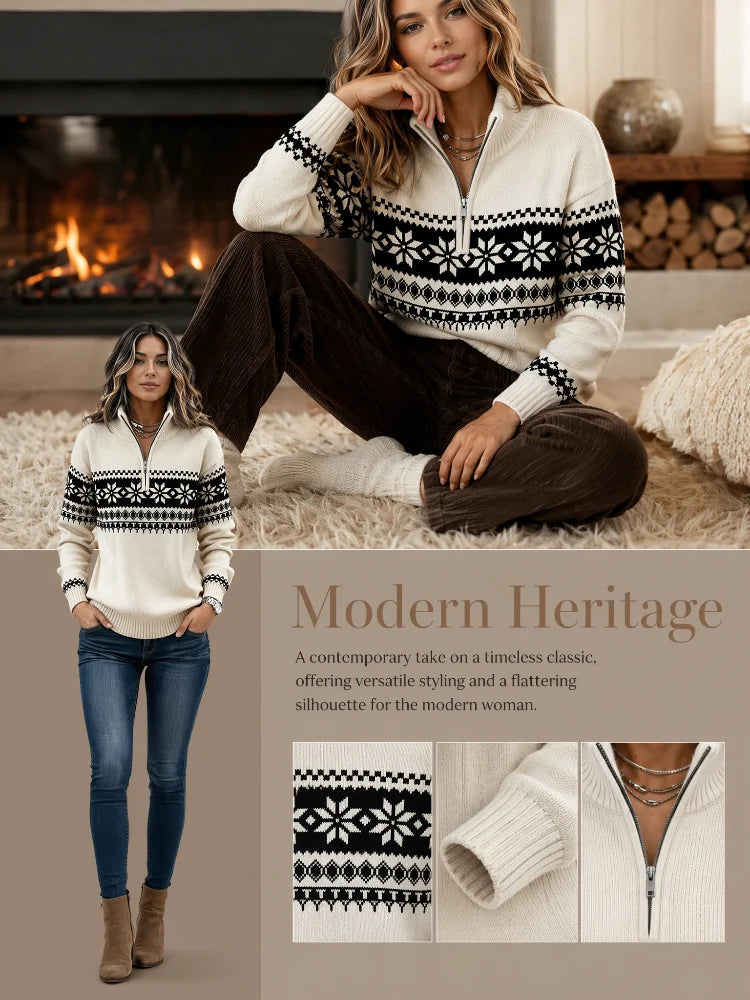 Sweater – Half Zip Mock Neck – Jacquard Knit – Cream White | KIMLUD