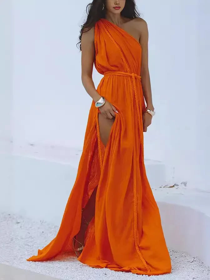 Cotton-Polyester Beach Cover Up Dress Sloping Shoulder Draped — Sandy Beige | KIMLUD