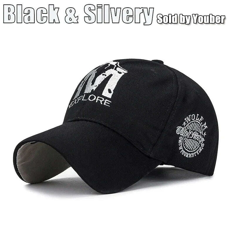 KIMLUD, M letter Wolf Totem Embroidery Cotton Adjustable Hard Top Baseball Cap Sun Hat Trucker Caps Dad Hats, KIMLUD Womens Clothes