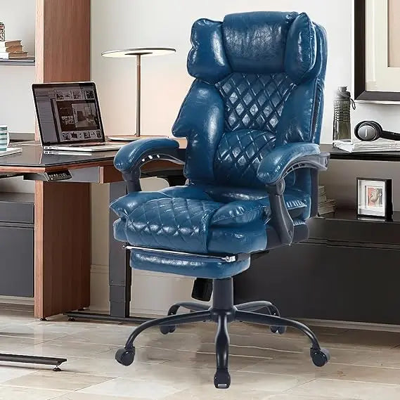 Leather Ergonomic High-Back Office Chair With Footrest And Lumbar Support — Blue | KIMLUD