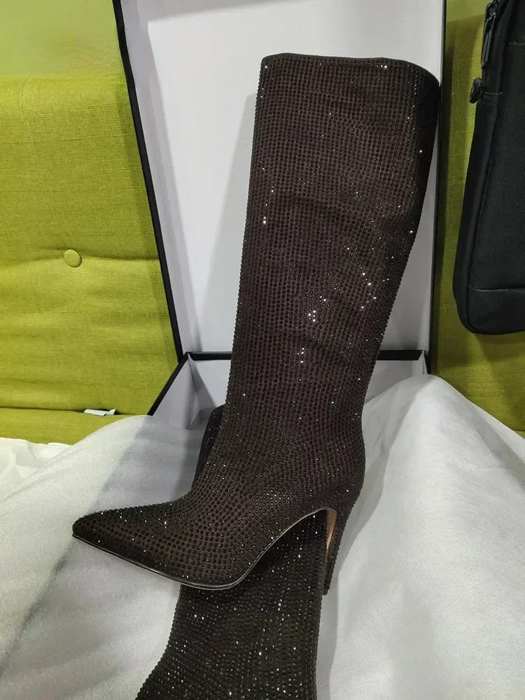 2025Women's New European and American Fashion Show Starry Sky High-heeled Rhinestone Pointed Nightclub Four Seasons Boots