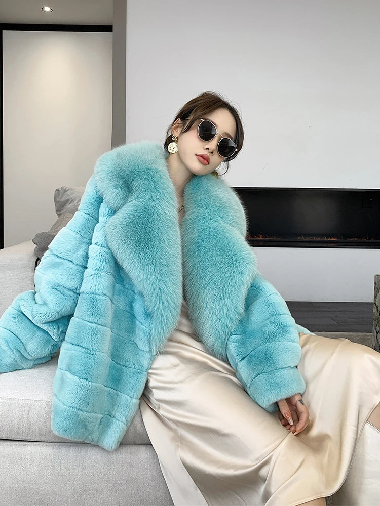 Winter Women Real Rex Rabbit Fur Coat 100% Natural Fur Jacket with Large Silver Fox Fur Collar Luxury Streetwear