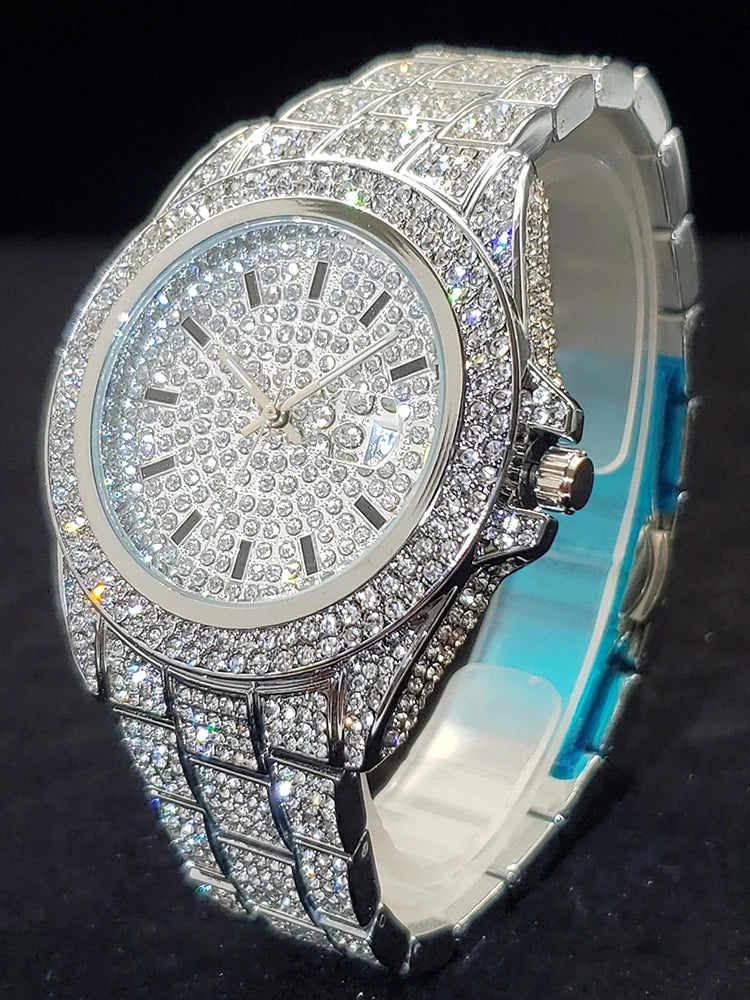 Men's Quartz Watch With Calendar Waterproof Wristwatches For Male Luxury Fashion Design Hip Hop Diamond Watches For Man Gift New