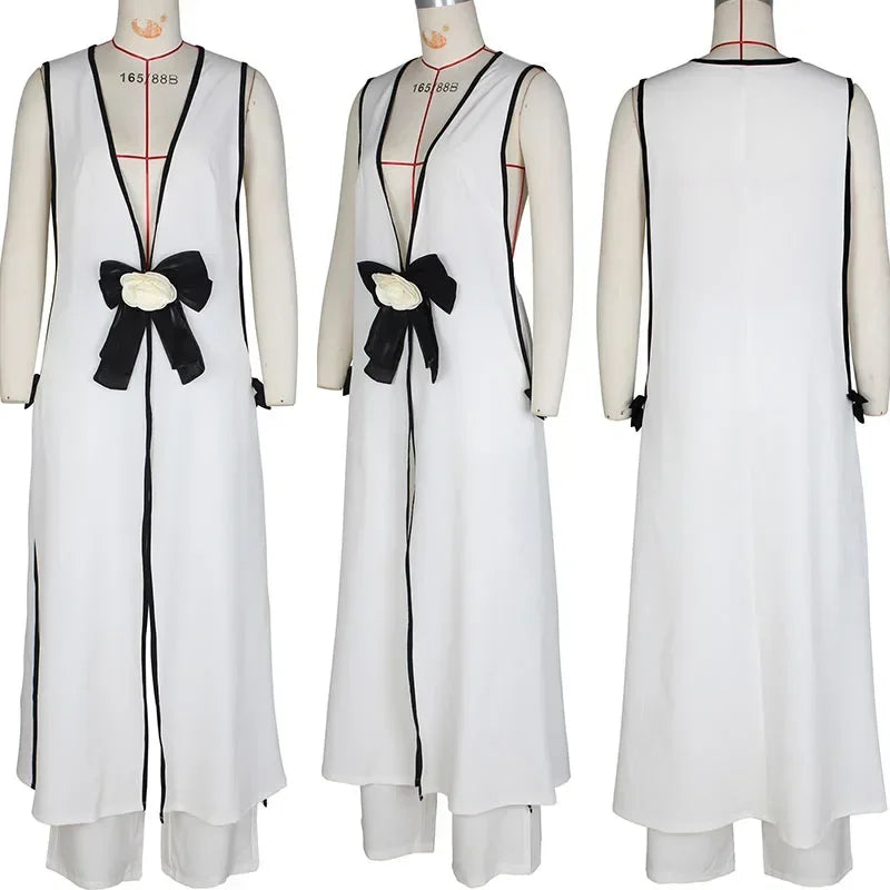 Bow Tie Matching Sets V-Neck Sleeveless Top And Wide-Leg Pants — Black | KIMLUD