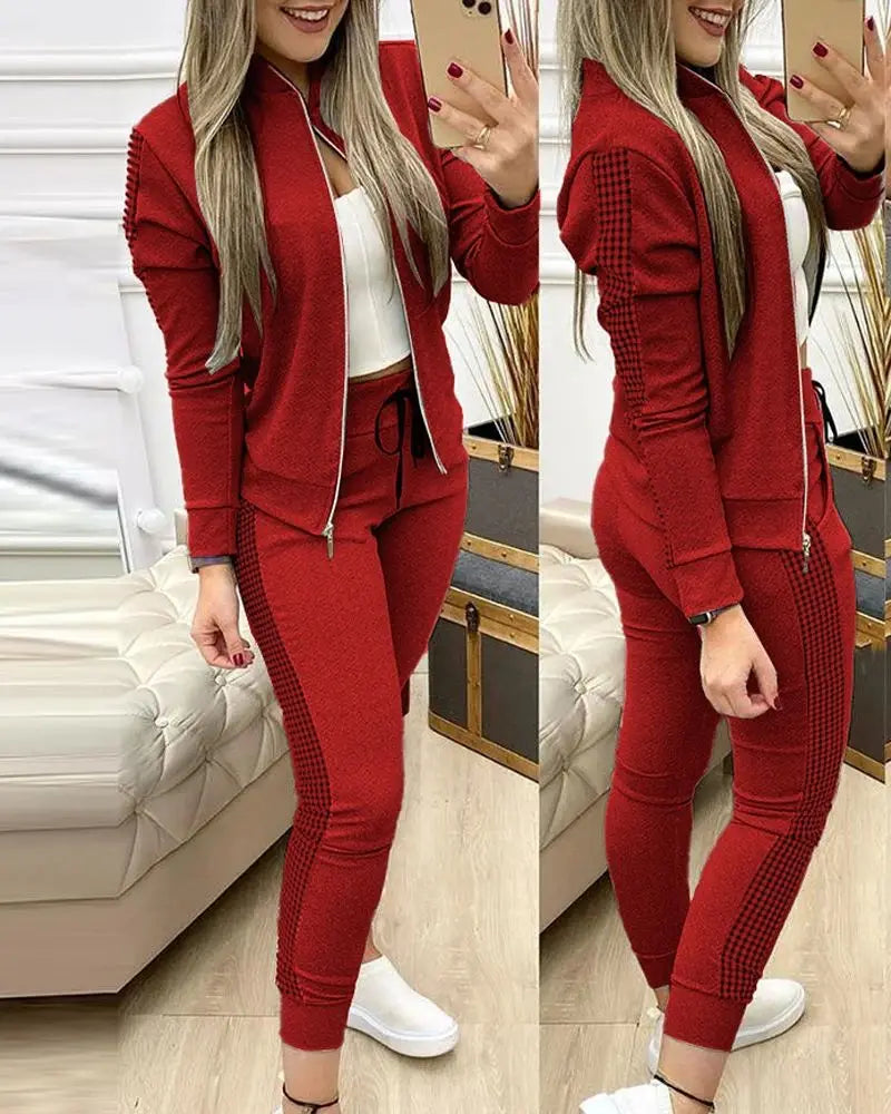 Sport Plaid Patchwork Long Sve Set Women's Casual Sportswear Polyester Fabric Zipper Closure Long Pants Two-Piece Set