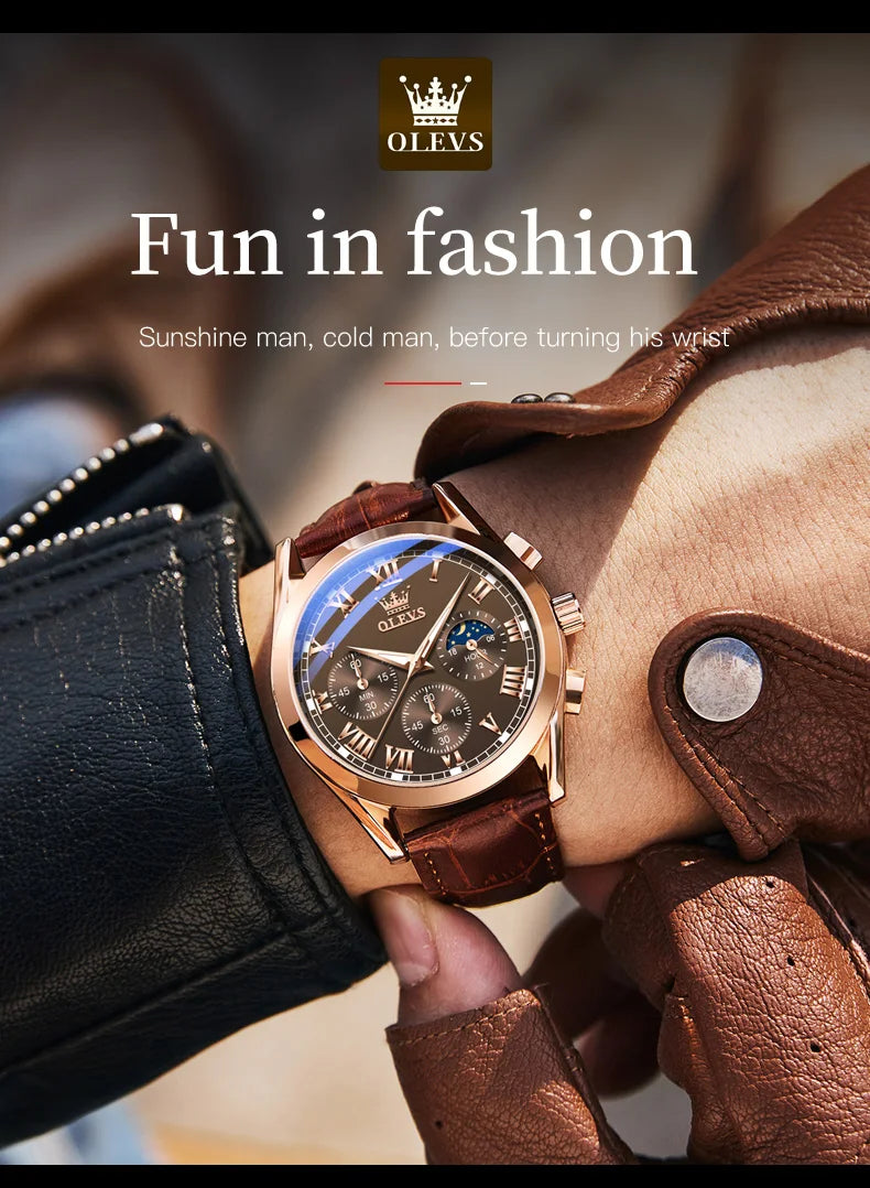 Rose-Gold Chronograph Moon Phase Watch Leather Strap — Black | KIMLUD
