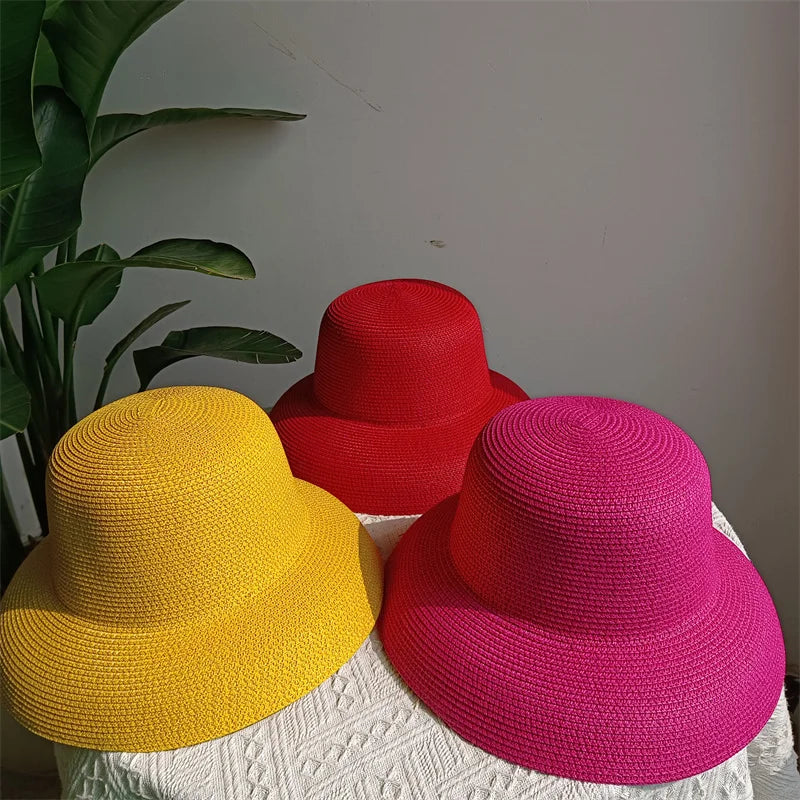 Straw Hepburn Sun Hat Wide Brim Foldable — Natural | KIMLUD