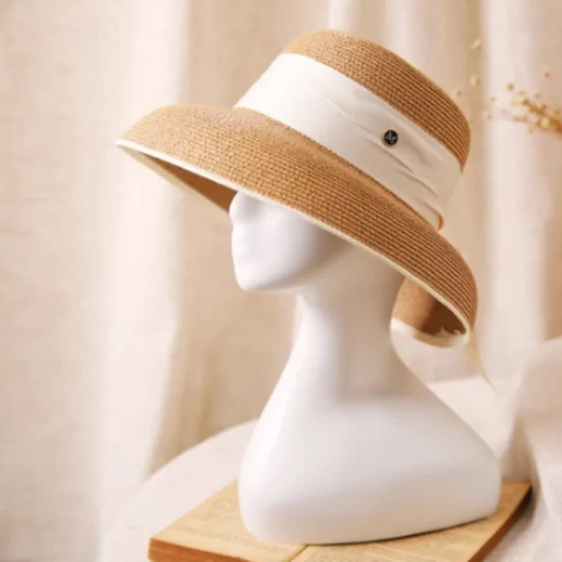 Straw Retro Bow Wide Brim Sun Hat — Natural | KIMLUD