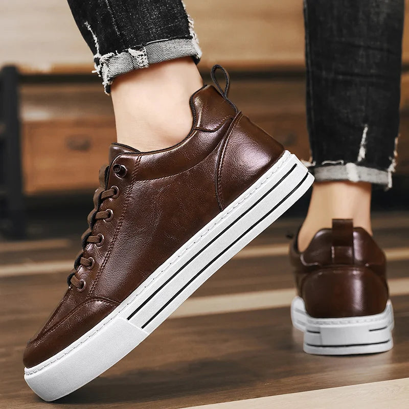 HKDQ Trend Leather Casual Shoes Men Fashion Leisure Slip-on Men's Shoes Original Design Elastic Comfortable Men Skateboard Shoes