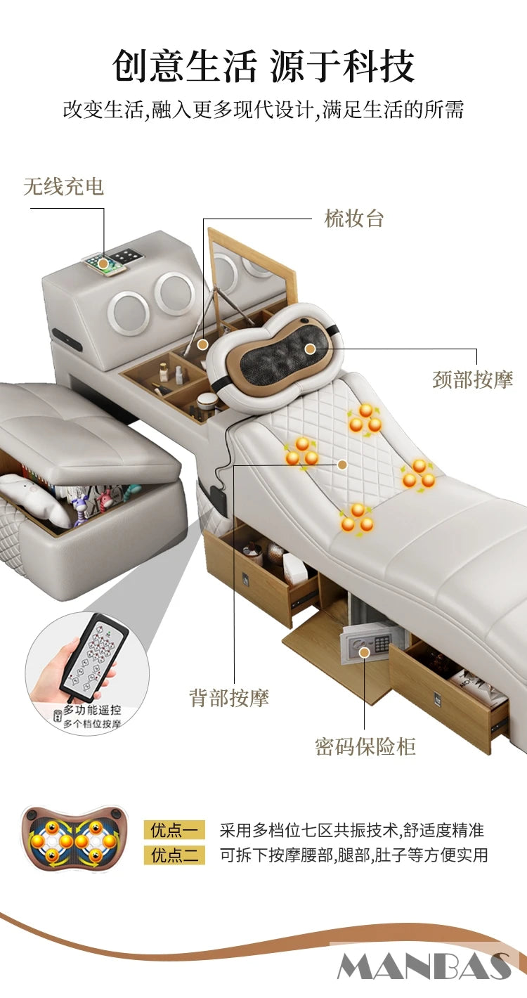 Modern Tech Smart Genuine Leather Bed with Massage, Bluetooth Speakers & USB – Luxury Multifunctional King Size Bed with Ottoman