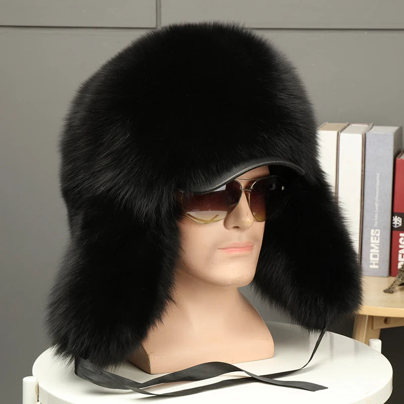 2025 Winter 100% Real Silver Fox Fur Bomber Hat Raccoon Fur Ushanka Cap Trapper Russian Men's Ski Hats Caps