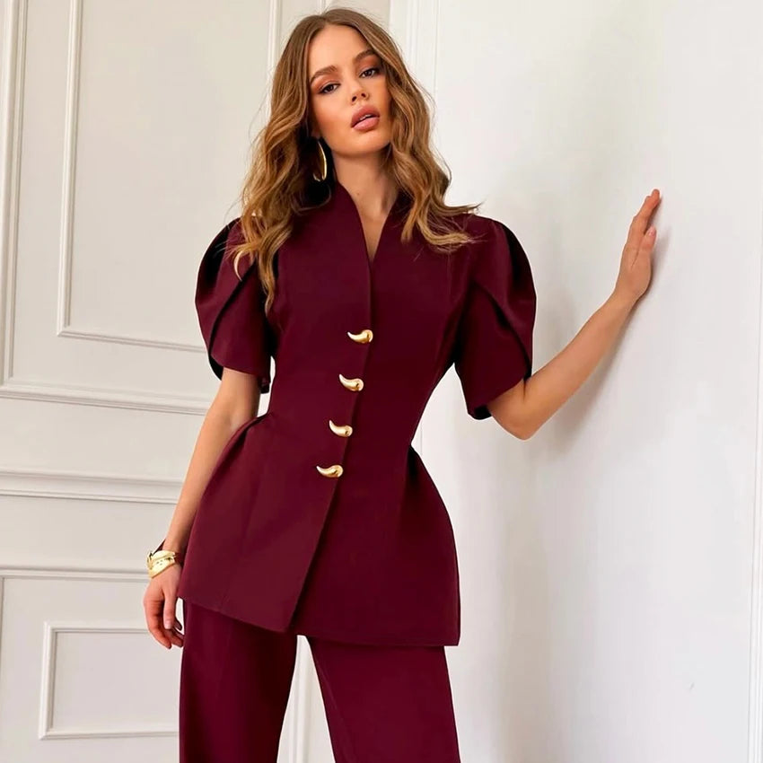 Linad Elegant Wine Red Puff Sleeve Woman Blouse 2026 Vintage Single Breasted Tops Spring Street Chic Black V Neck Ladies Tops