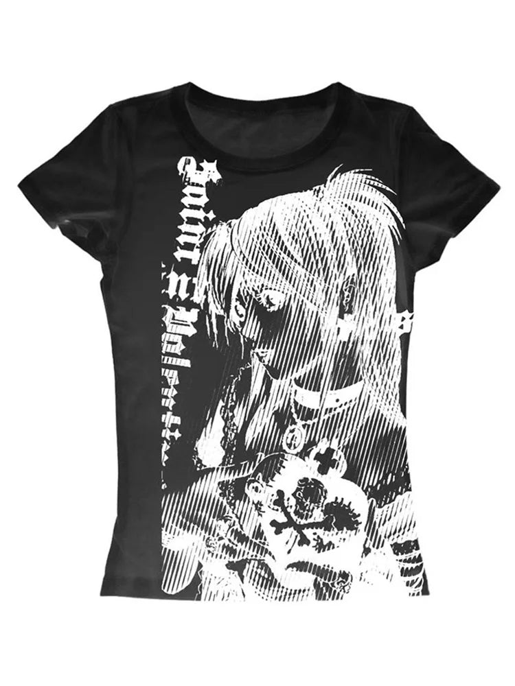 Women's Y2K Anime Streetwear O-Neck 90s Text Print Top Harajuku Vintage Crop Tee Aesthetic Emo Casual T-Shirt