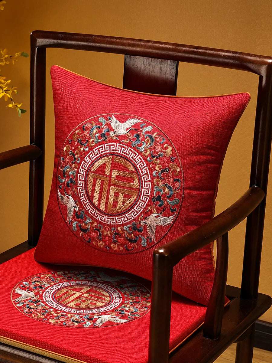 Embroidered Chinese Luxury Cushion Cover 45x45cm Elegant Crane Decorative Linen Pillowcase Living Room Sofa Autumn Pillow Covers