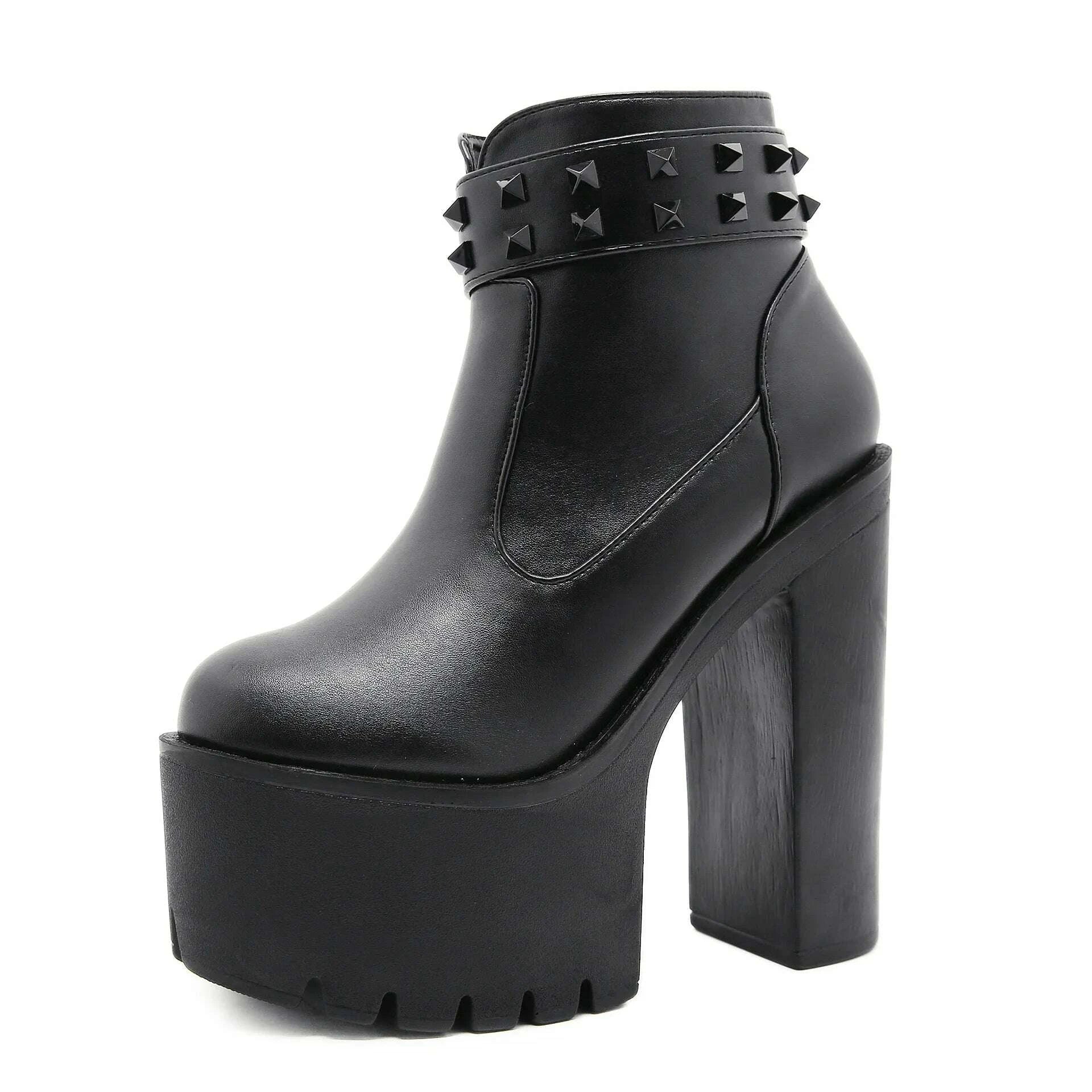 KIMLUD, Gothic Black Ankle Boots For Women Plus High Heel Female Shoes Lace-Up Nigh Club Black Sexy Rivets Short Bootsrd5, KIMLUD Womens Clothes
