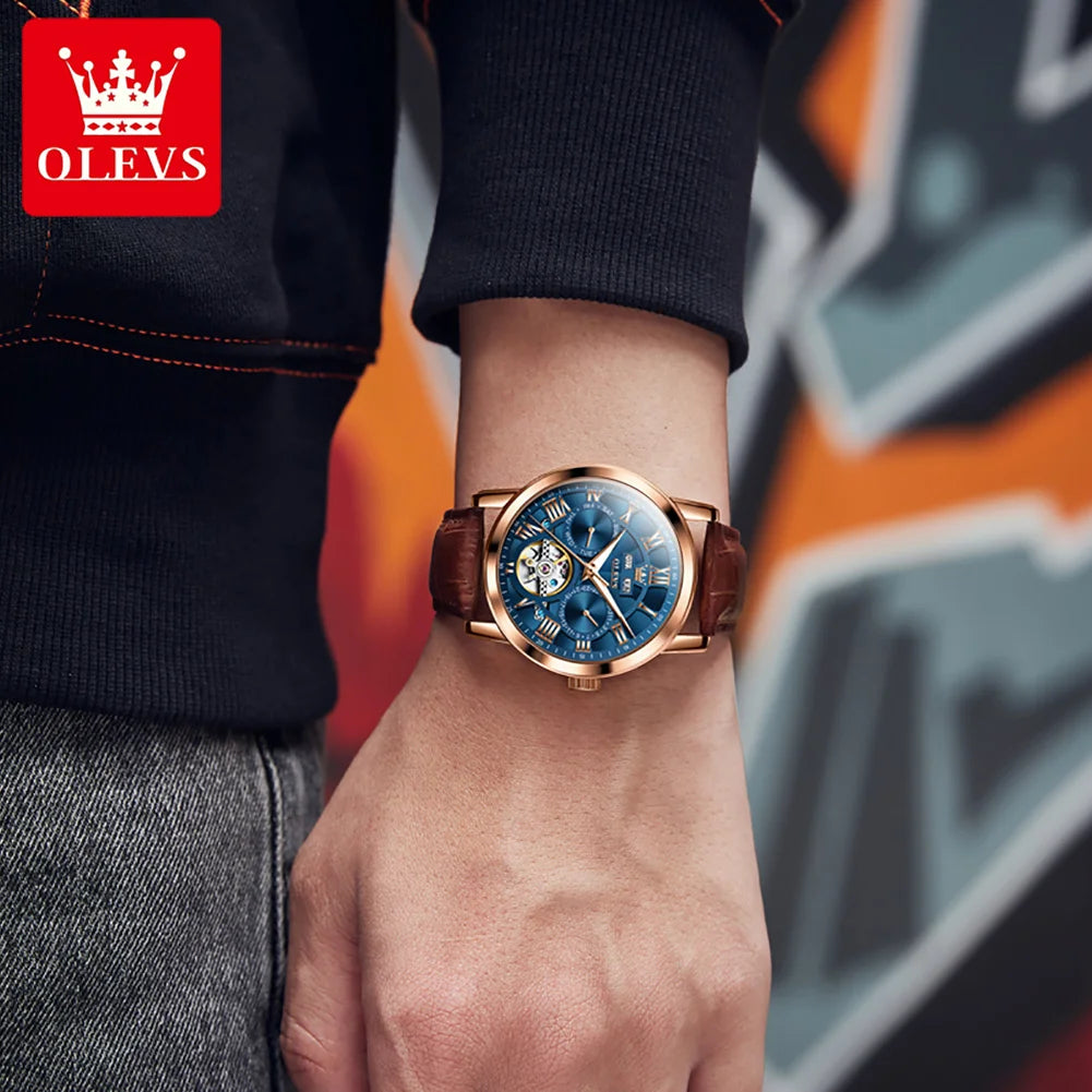 Luxury Automatic Watch With Brown Leather Strap And Mechanical Hand Wind Movement — Blue | KIMLUD