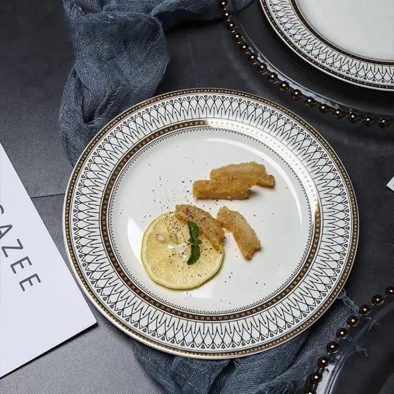 Ceramic European Style Dessert Plate With Gold Rim And Subtle Depth — White | KIMLUD