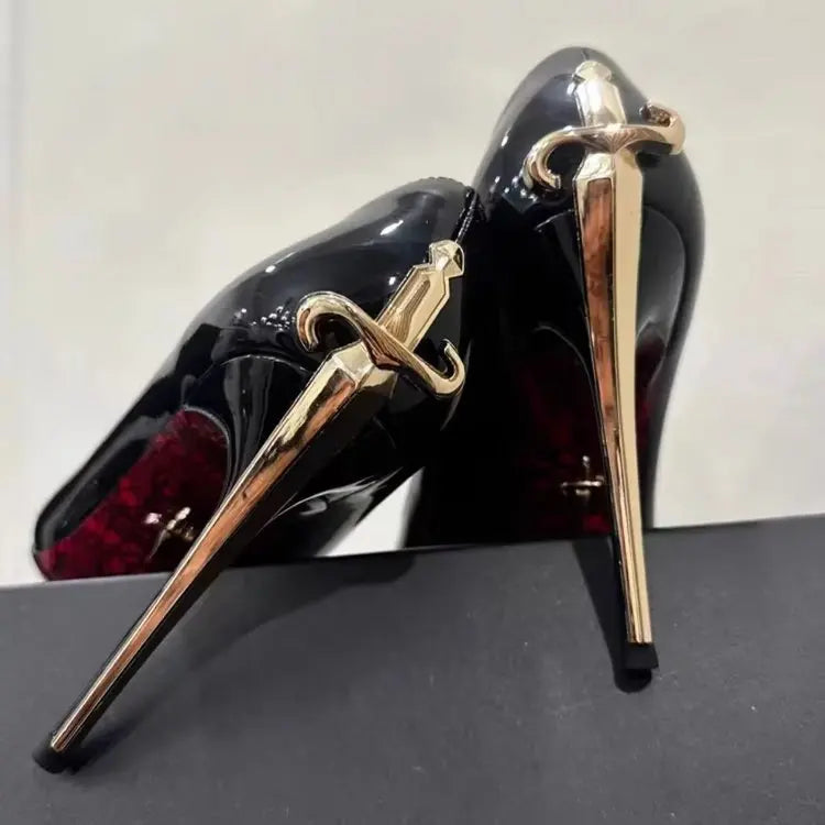 2026 Early New High Heels Women's Fine Heels Pointed Metal Swords Sexy Queen Black Lacquer Leather Single Shoes