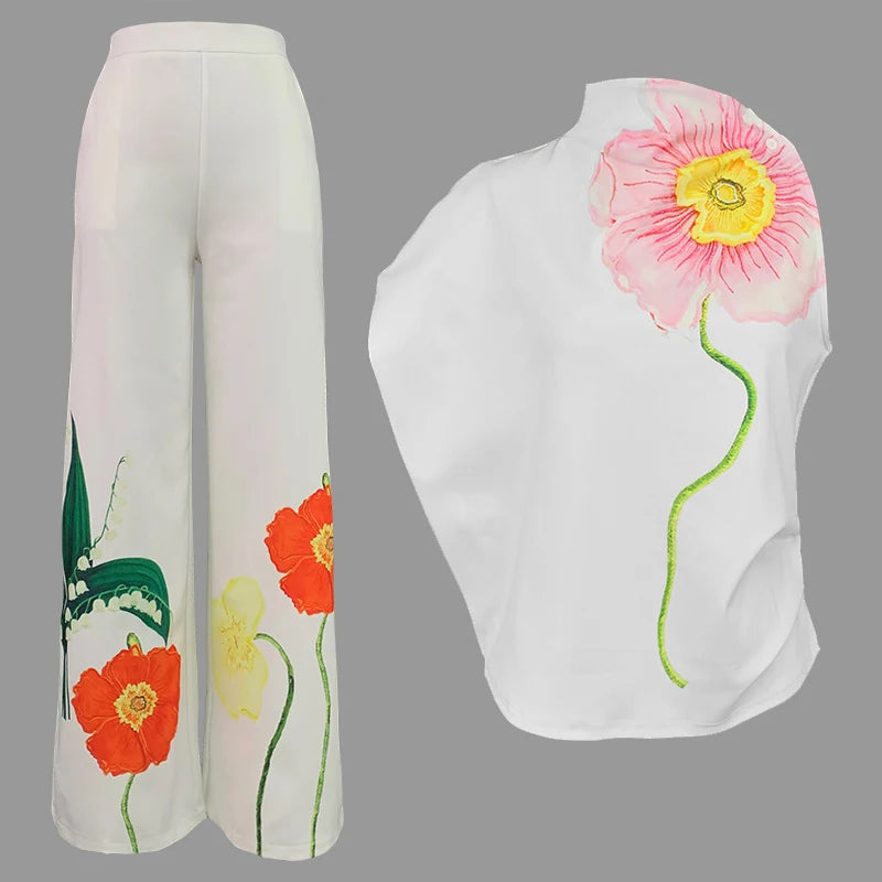 Krisstarsgirls 2025 Women Elegant Floral Printed Suits Sleeveless High Neck Vest Tops & High Waisted Loose Woman Leg Pants Sets