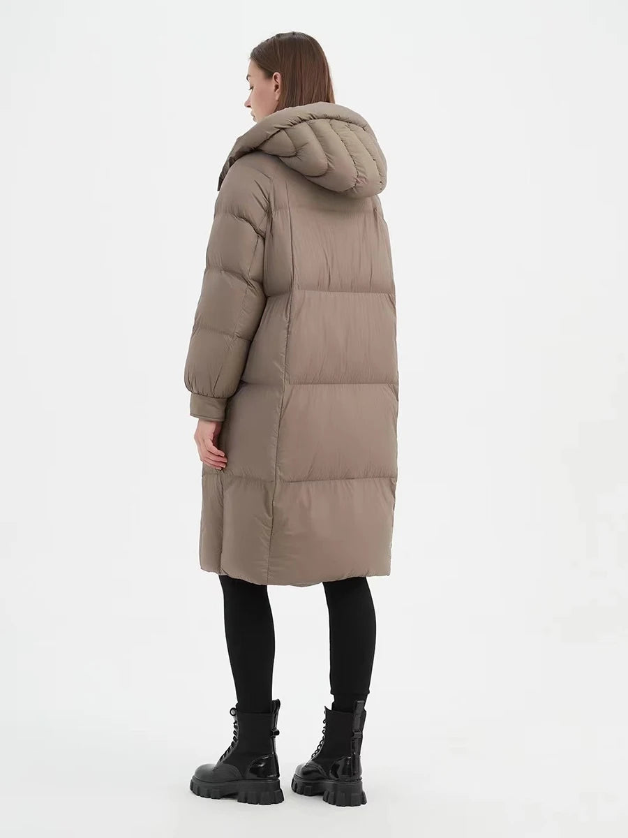 Hirsionsan Winter Long Solid Hooded Puffer Clothing Women Loose Casual White Duck Down Jackets Retro Streetwear Simple Warm Coat