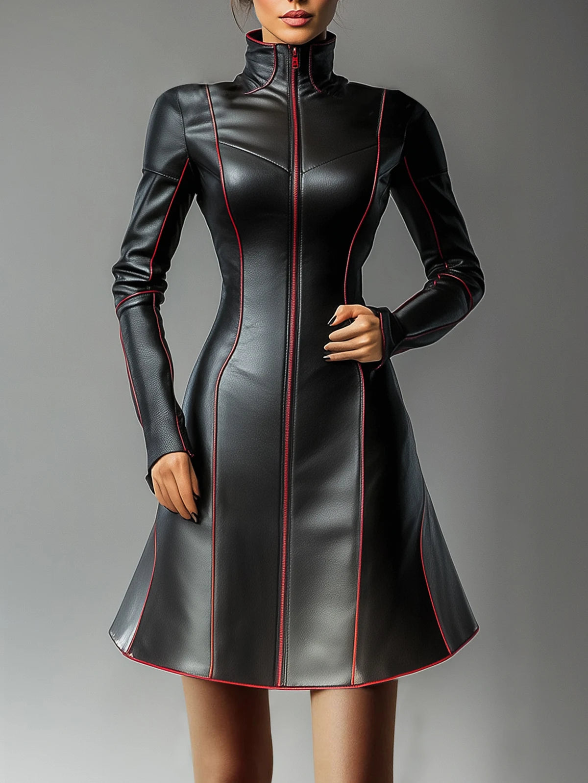 Women's PU Leather Dress A-Line Turtleneck Black Zipper-up Vintage Casual Grunge Gothic Ethnic Chic Long Sleeve Mini Dresses