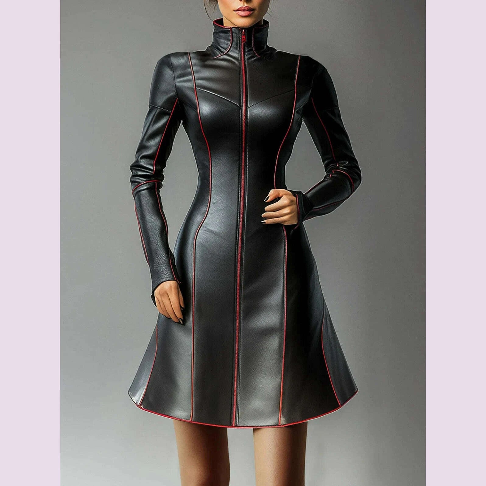 Women's PU Leather Dress A-Line Turtleneck Black Zipper-up Vintage Cas Women's PU Leather Dress A-Line Turtleneck Black Zipper-up Vintage Cas