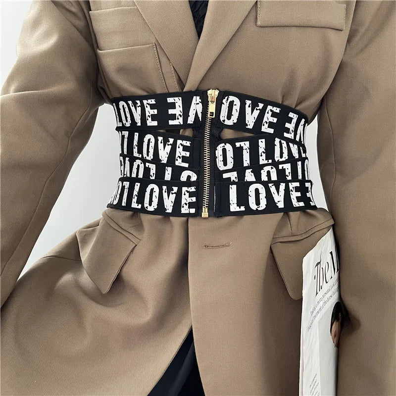 GetSpring Women Cummerbunds Letter Printed Zipper Black Wide Belt Fashion Elastic Waistband All Match Ladies Waist Band Corset