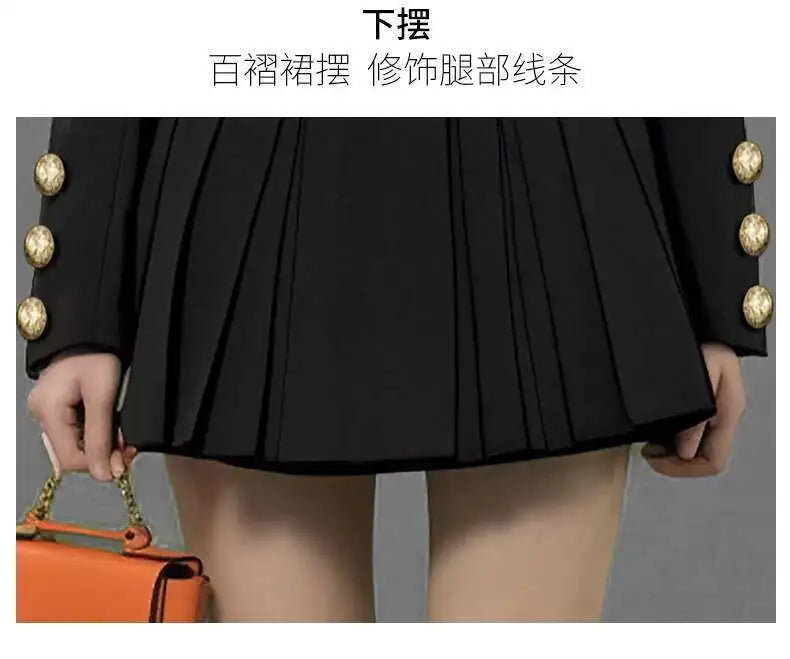 KIMLUD, Luxury Quality 2025 Spring Autumn Single Breasted Golden Button Long Full Sleeve Blazer Suit Coat Pleated Short Dresses Women, KIMLUD Womens Clothes