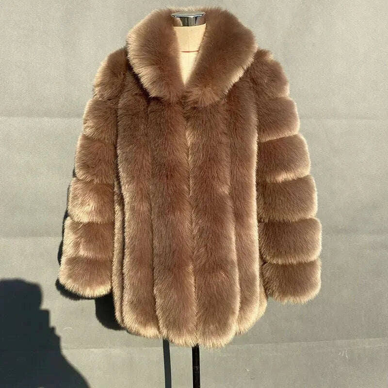 KIMLUD, 2025 Winter Women's Mid-Length Faux Fox Fur Coat Plush Luxe Warm faux fur Trench Elegant Thermal Outerwear Faux Fur Tops, KIMLUD Womens Clothes