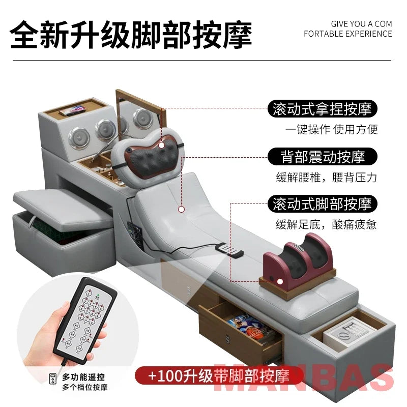 MINGDIBAO Tech Smart Bed - Genuine Leather Upholstery, Multifunctional Bed Frame, Massage, Speaker, Projector and Air Purifier