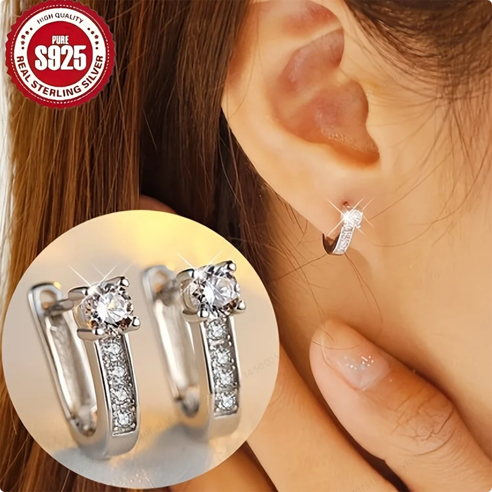 Sterling Silver Clip Earrings Exquisite Zirconia — Clear | KIMLUD