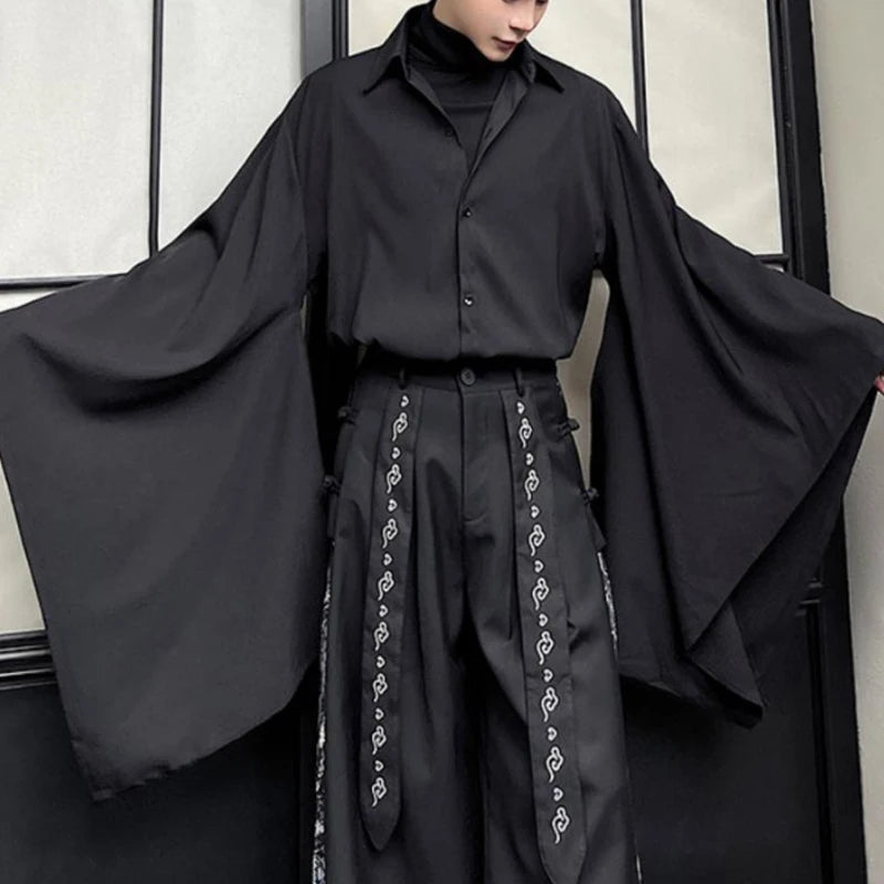 Men Hanfu Shirt – Black Lapel Flare Long Sleeve Gothic – Polyester – Black | KIMLUD