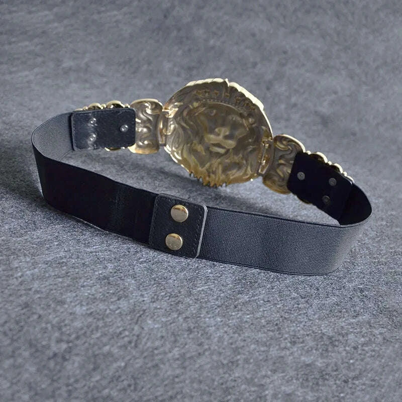 Golden Lion Head Women Girdle Metal Round Buckle Exaggeration Belt for Women's Black Waistband Gold Elastic Waist Seal