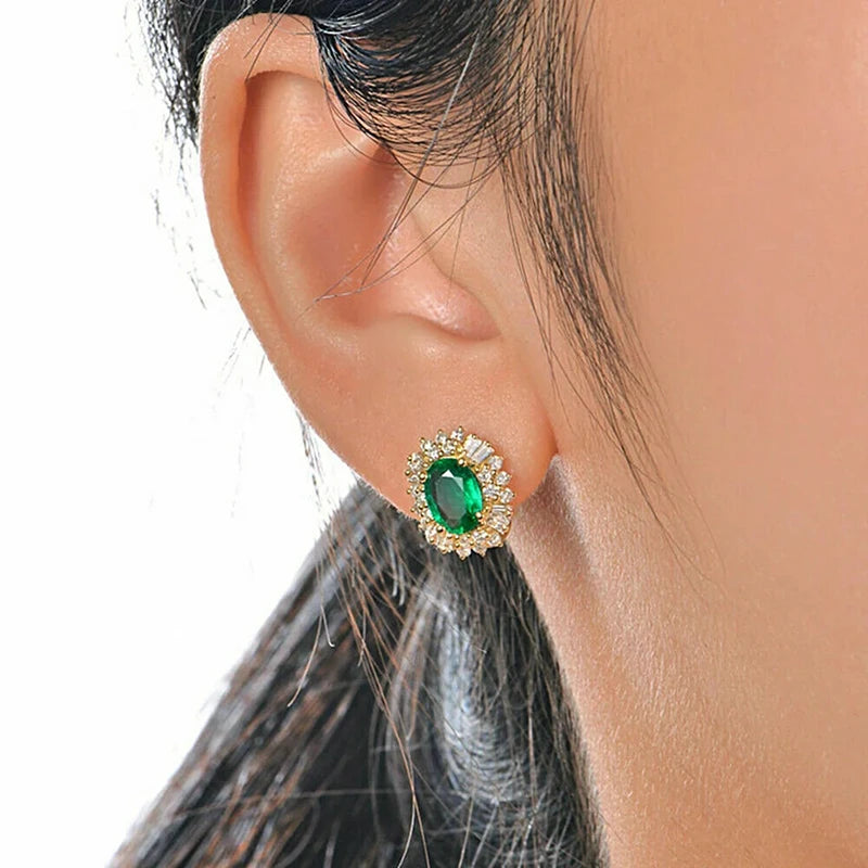 Gleaming Cubic Zirconia Earrings Oval Cut — Green | KIMLUD