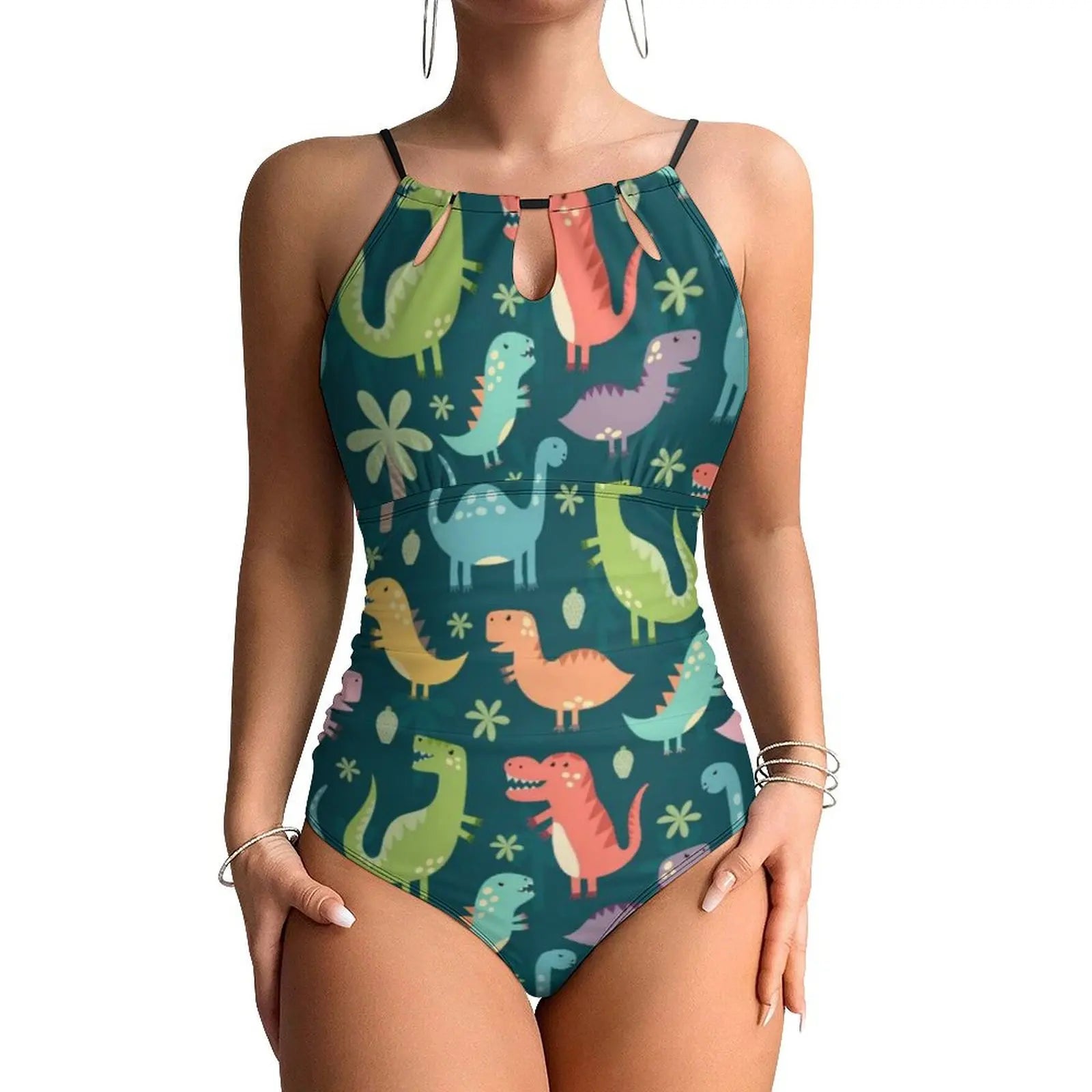 Halter One-Piece Swimsuit With Botanical Dinosaurs Print — Pastel Green | KIMLUD