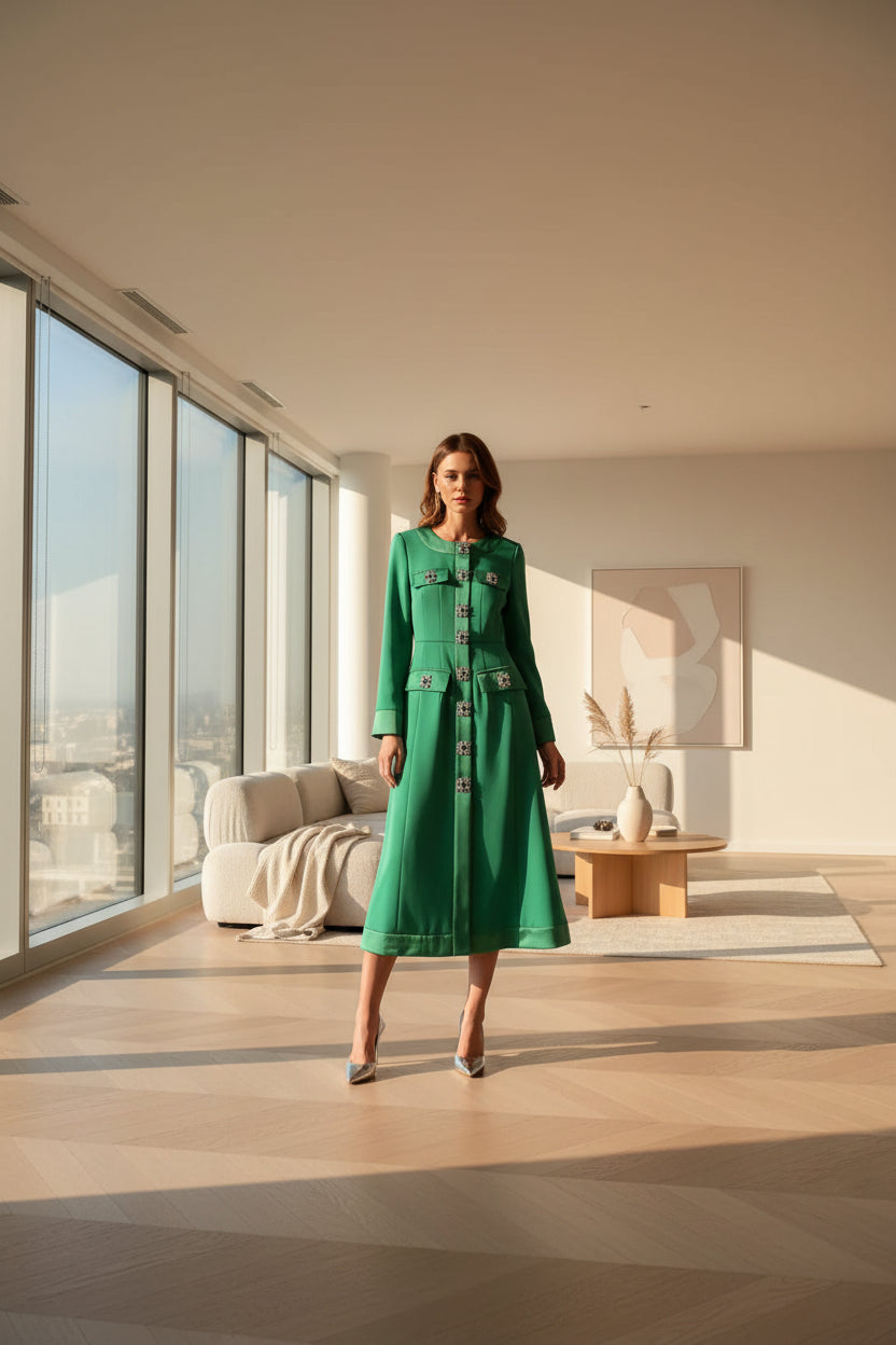 Princess Dress Diamond-Embellished Long Sleeve Silhouette — Emerald Green | KIMLUD