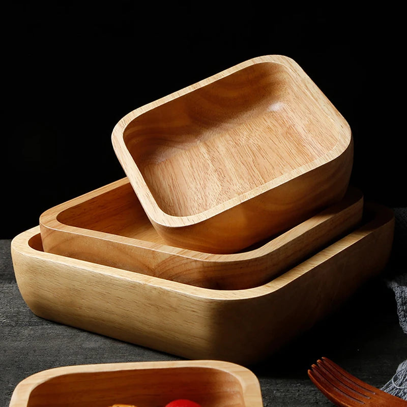 1Pc Square Wood Bowl 4 Size Fruit Salad Bowl Large Small Wooden Plate Snack Dessert Serving Dishes Food Container Wood Tableware