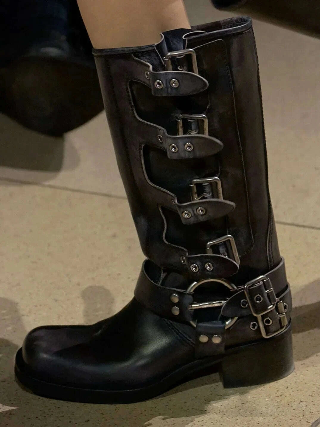 KIMLUD, 2025 Genuine Leather Platform Rivet Motorcycle boots Round toe Belt buckle Block heel mid wide calf Western boots, KIMLUD Womens Clothes