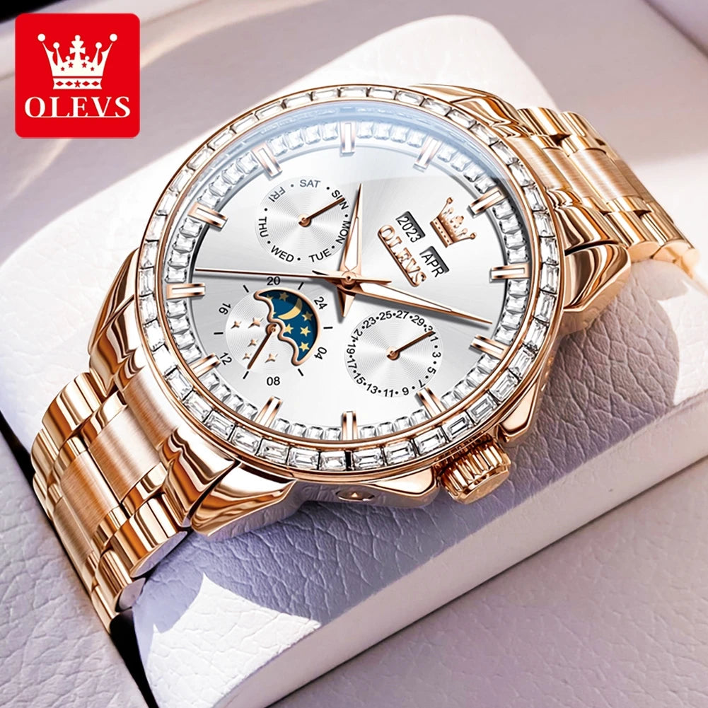 Moon Phase Leather Luxury Watch Diamond Bezel With Automatic Movement 41mm Case — Blue | KIMLUD