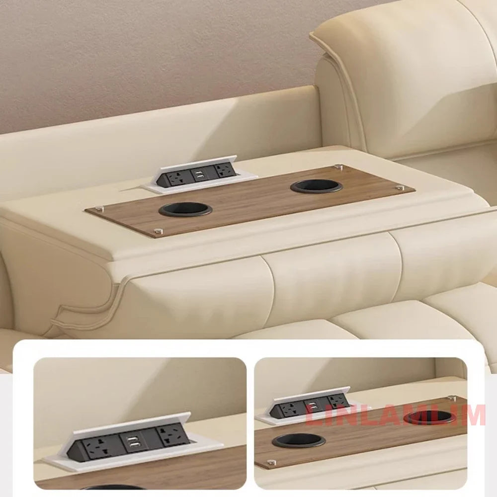 Italian Genuine Leather Electric Reclining Sofa With Adjustable Footrest USB And Foldable Center Console — Caramel Tan | KIMLUD