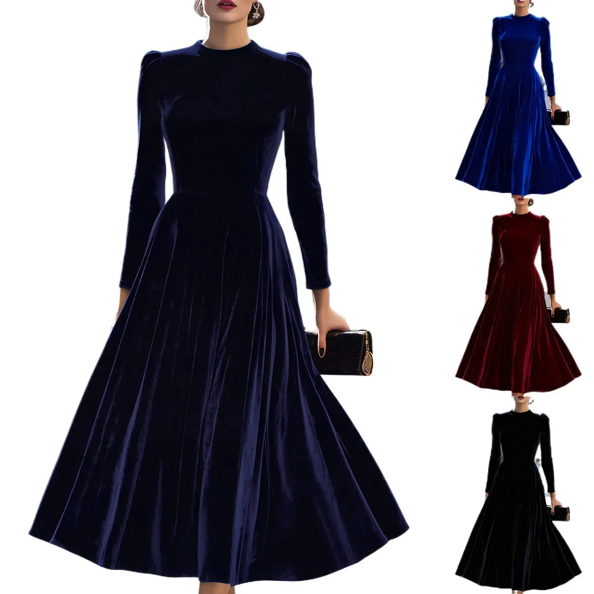 Velvet Dress Long Sleeve Round-Neck Midi — Navy | KIMLUD