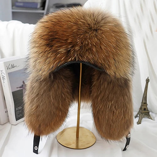 Fashion Winter Men's 100% Real Silver Fox Fur Bomber Hat Raccoon Fur Ushanka Cap Trapper Russian Man Ski Hats Caps Real Leather