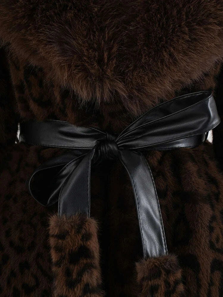 KIMLUD, ZMEENNA Brown Leoppard Print Big Size Long Faux Fur Jacket New Lapel Long Sleeve Women Coat Fashion Autumn Winter 2024 ZM593, KIMLUD Womens Clothes
