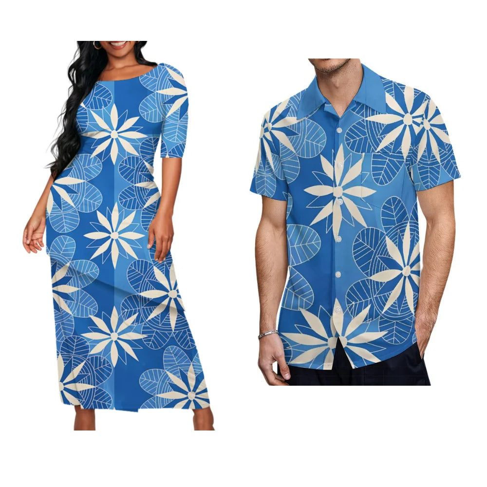 Polynesian Floral Puletasi Set Dress Diagonal Design — Red | KIMLUD