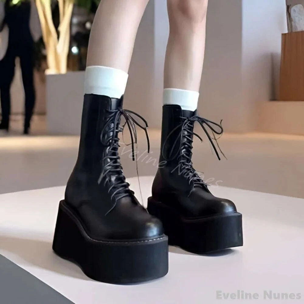 KIMLUD, Retro Distressed Motorcycle Boots Women Round Toe Platform Back Zipper Cross Tied Casual Mid Calf Boots Street Style Hottie Boot, KIMLUD Womens Clothes