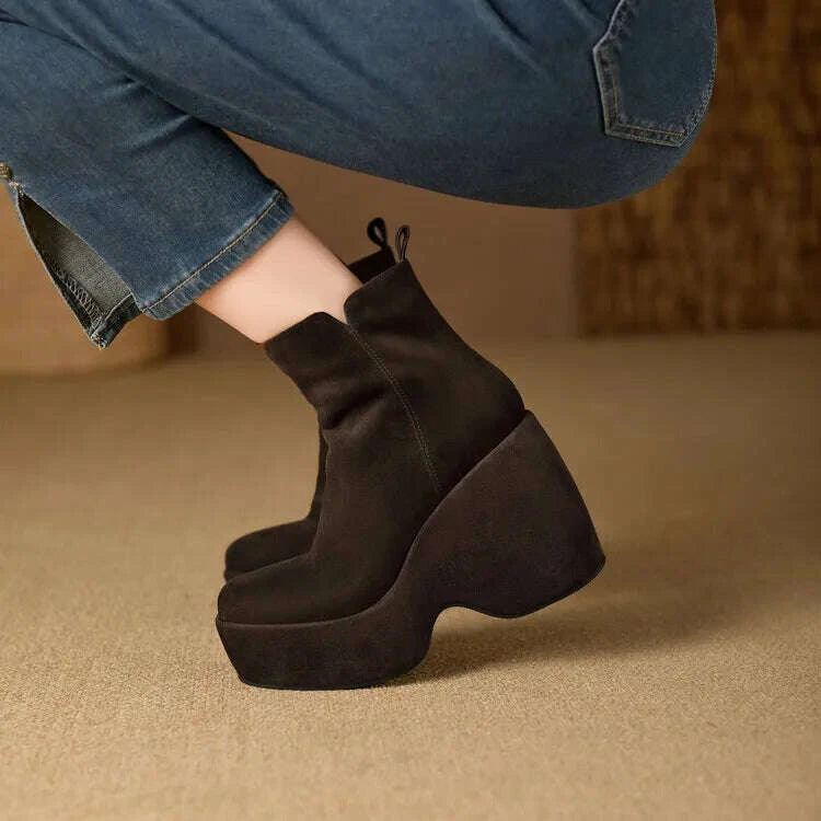 KIMLUD, Brand Women Wedges Boots Suede Platform Women Ankle Boots High Quality Walking Comfy Woman Shoes New Sexy High Heels Bootie, KIMLUD Womens Clothes